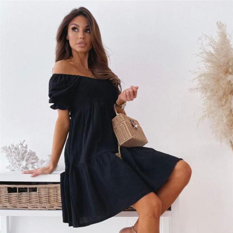 Spring Summer Women's Casual Off-Shoulder Dress with Ruching, Bubble Sleeves, Midi-Length, Stretchy, Elegant Ruffles