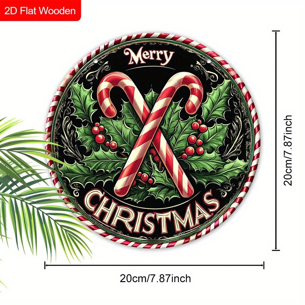 2D Flat 1pc Christmas ‘'Cane Sugar Greens’' Logo Wooden Sign Decoration, Front Door Embossed Effect Wall Decoration, Suitable for Home, Garden Patio