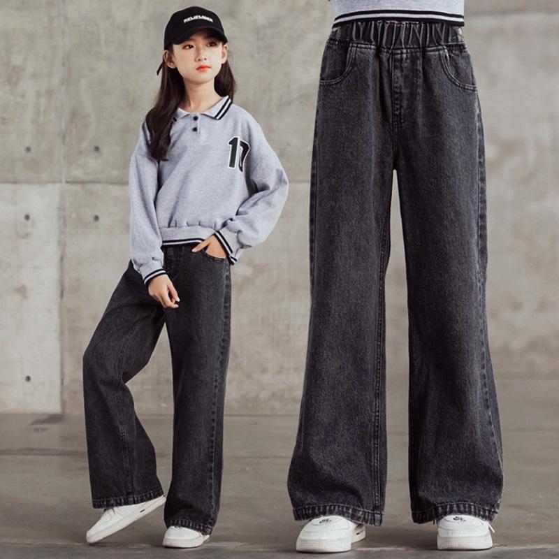 Bestickte Wide-Leg Jeans für Mädchen für Frühling & Herbst - Gerader & Lockerer Schnitt für Kleine & Ältere Mädchen