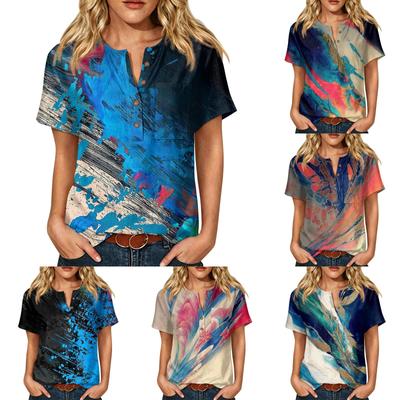 Women's Short Sleeve Linen Cotton Shirt Henley Button Neck Chest Pocket Casual Blouse with Artistic Print Pattern Lightweight Summer Top