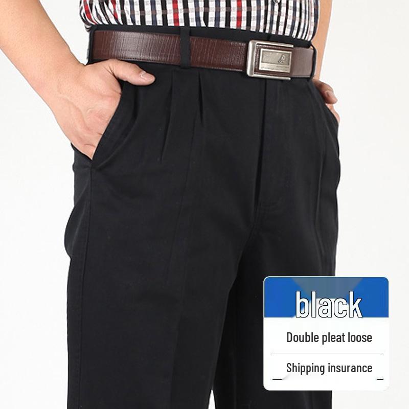 Dad's Pants Men's High Waist Cotton Double Pleated Loose Fit Pants for Spring & Autumn