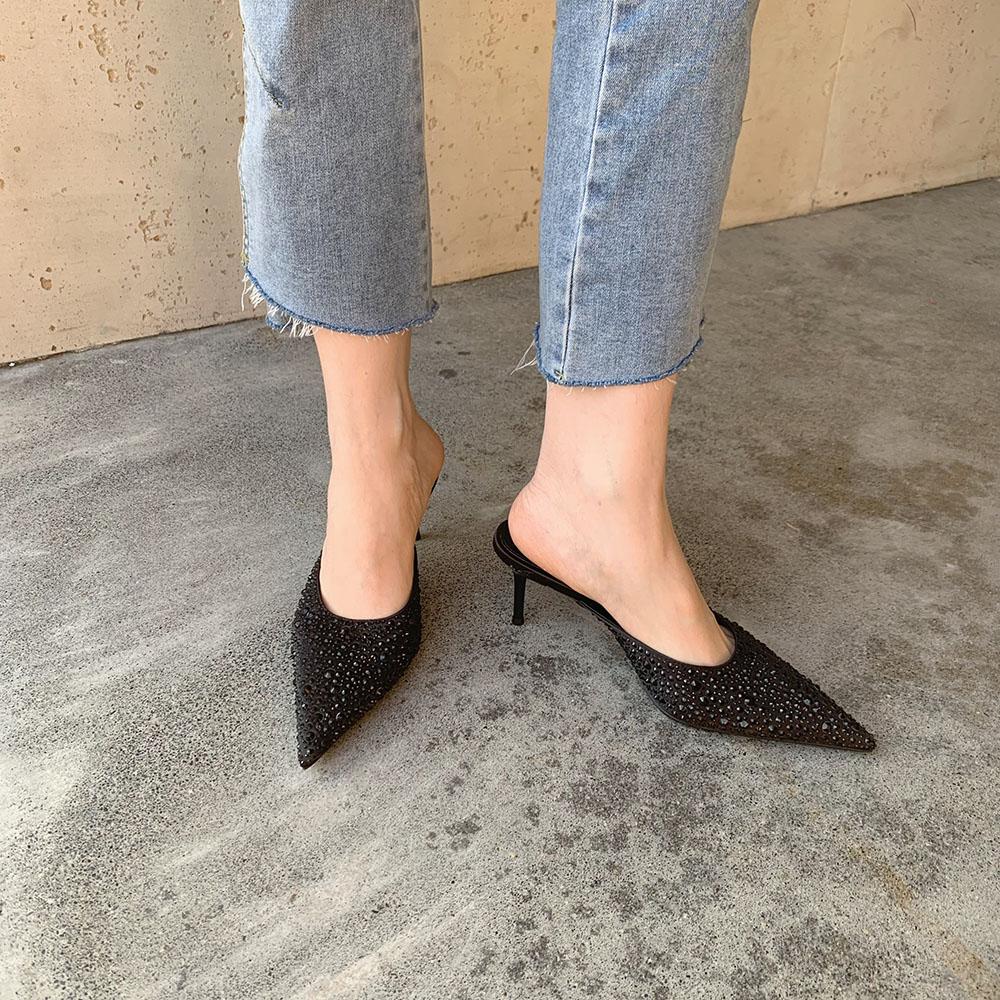 fashion Pointed Toe Women Sandals Slippers Black Pink White Shining Dress Shoes Thin High Heels 2024 New Arrivals Party Pumps Sexy Slide