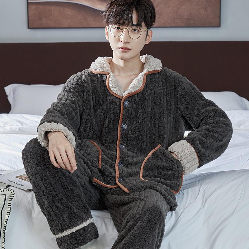 Men's Thick Coral Fleece Stand-Up Collar Zipper Pajamas - Warm Long Sleeve Homewear for Autumn & Winter