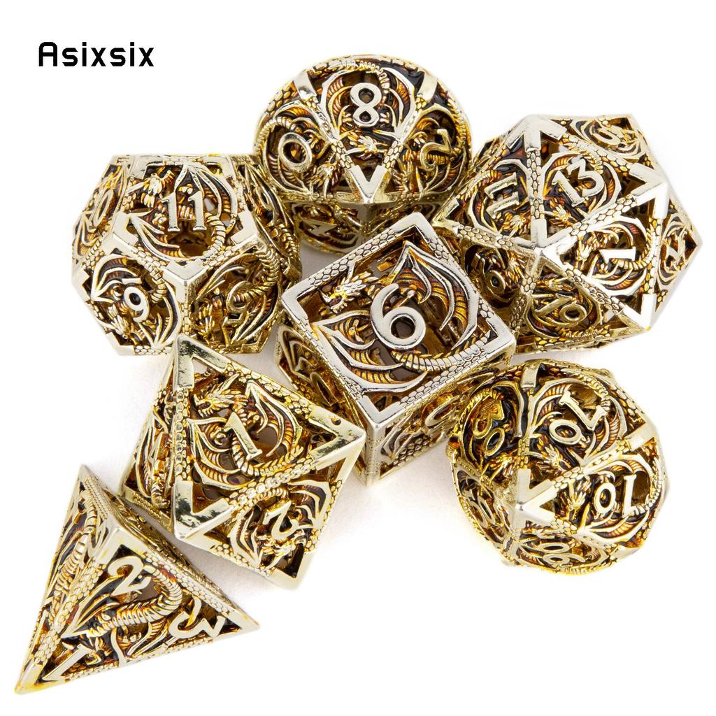 7-teiliges hellgoldenes Drache-Metallwürfel-Drachen-Hohlmetall-Polyeder-Würfelset, geeignet für Rollenspiele, RPG-Brettspiele, Kartenspiele