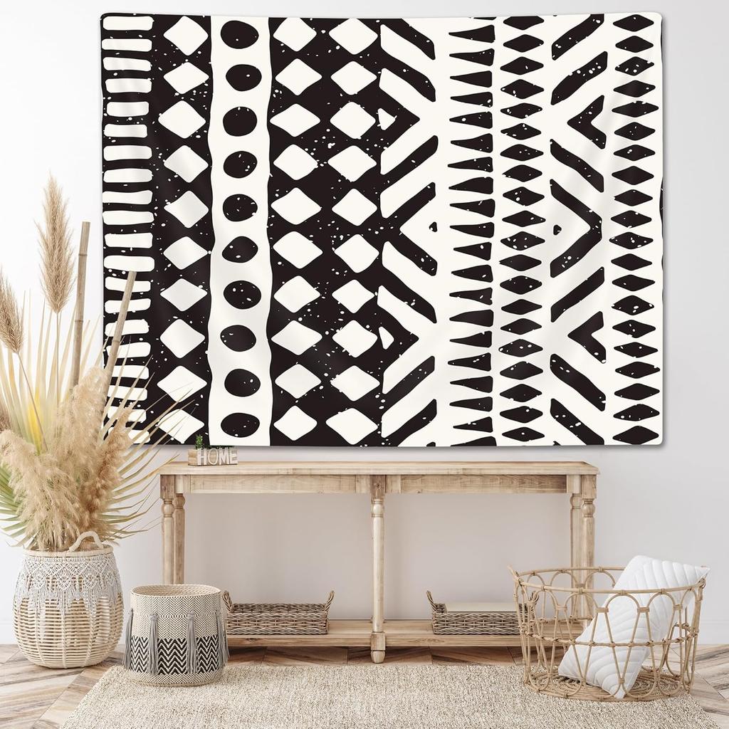 African Mud Cloth Tapestry Wall Hanging Art, Black and White Tribal Afrocentric Ethnic Bohemian Motif with Geometric Elements