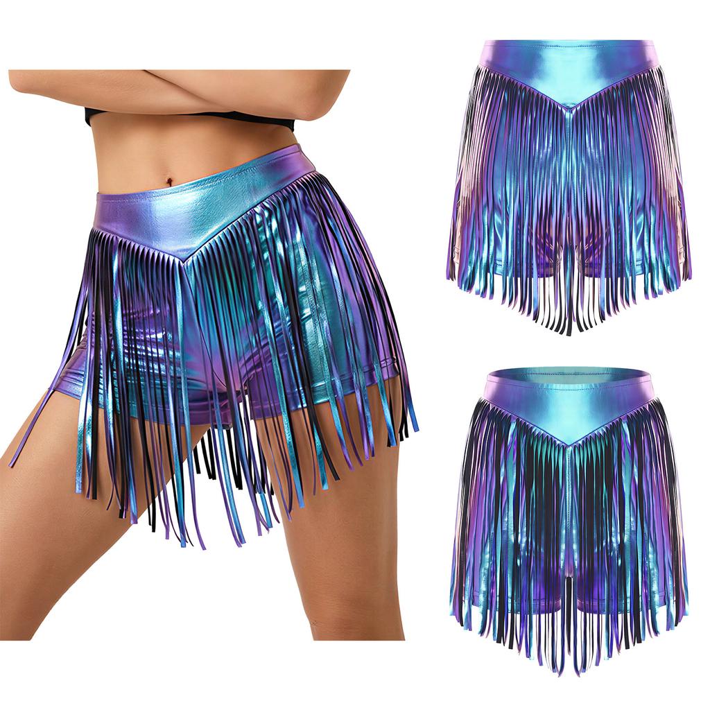 S-XXL Women's Fringed Booty Shorts: High Waist Iridescent Metallic Hot Pants with Tassel for Jazz Rock Dance Performance