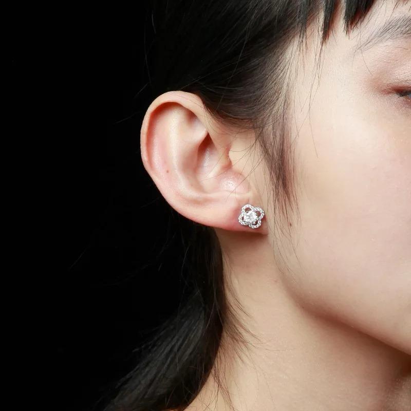 925 Sterling Silver D Color Moissanite Stud Earrings for Women Flower Four-leaf Clover Style 1CT Wedding Fine Jewelry Gifts