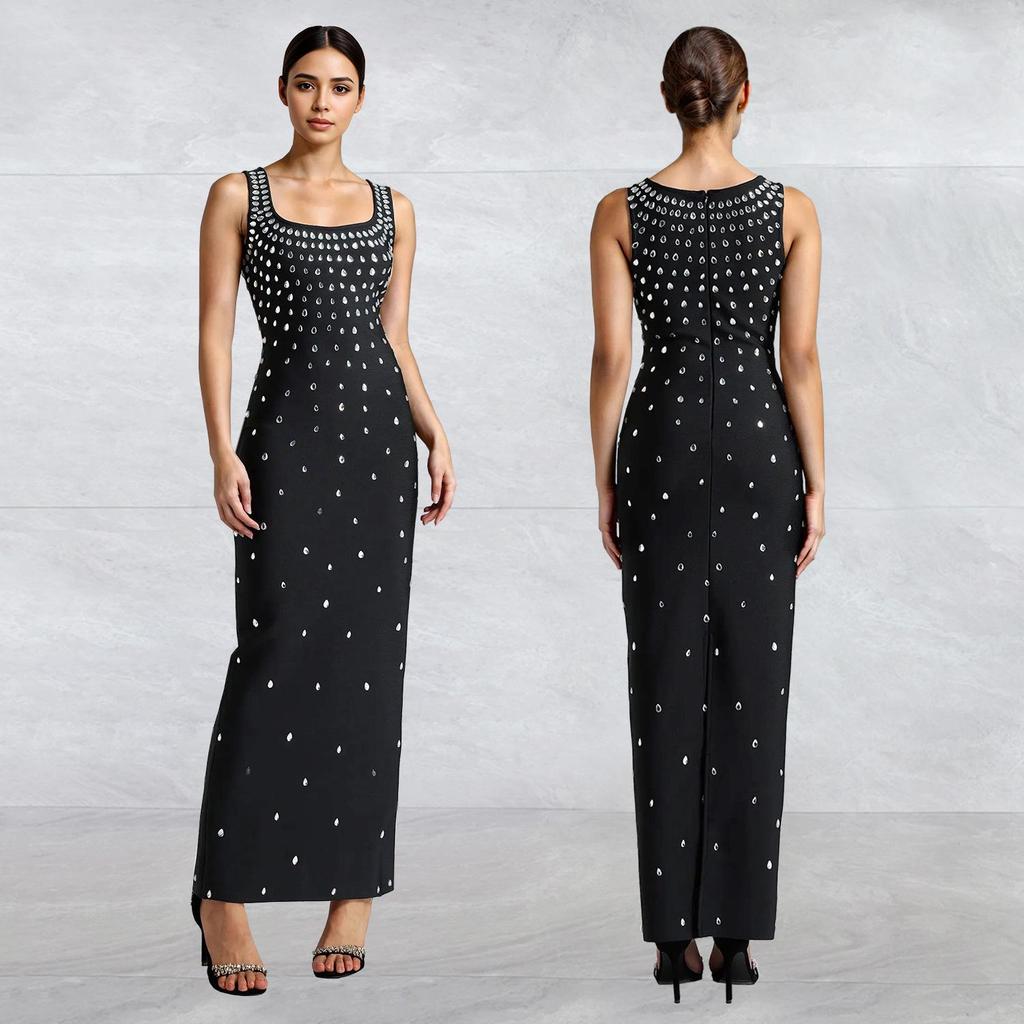 C7117 Fashion Women's Sleeveless U-neck Bodycon Dress with Hot Drilling, European and American Style.