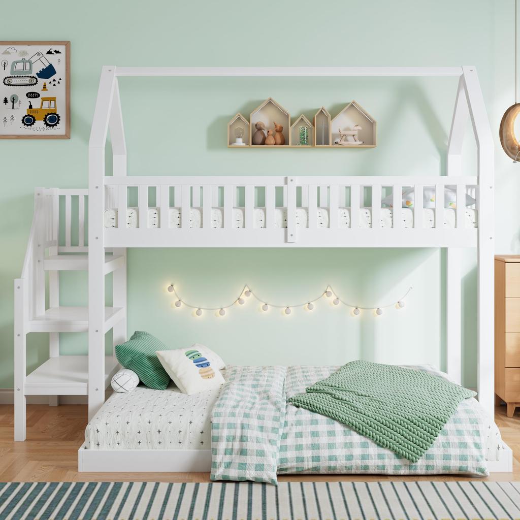 Hochbett 90x200 cm, Hausbett Kinder, Etagenbett Holz, Rausfallschutz, Lattenrost, Dach, Ecktreppe, Spielbett Jungen & Mädchen, Weiß & Natur