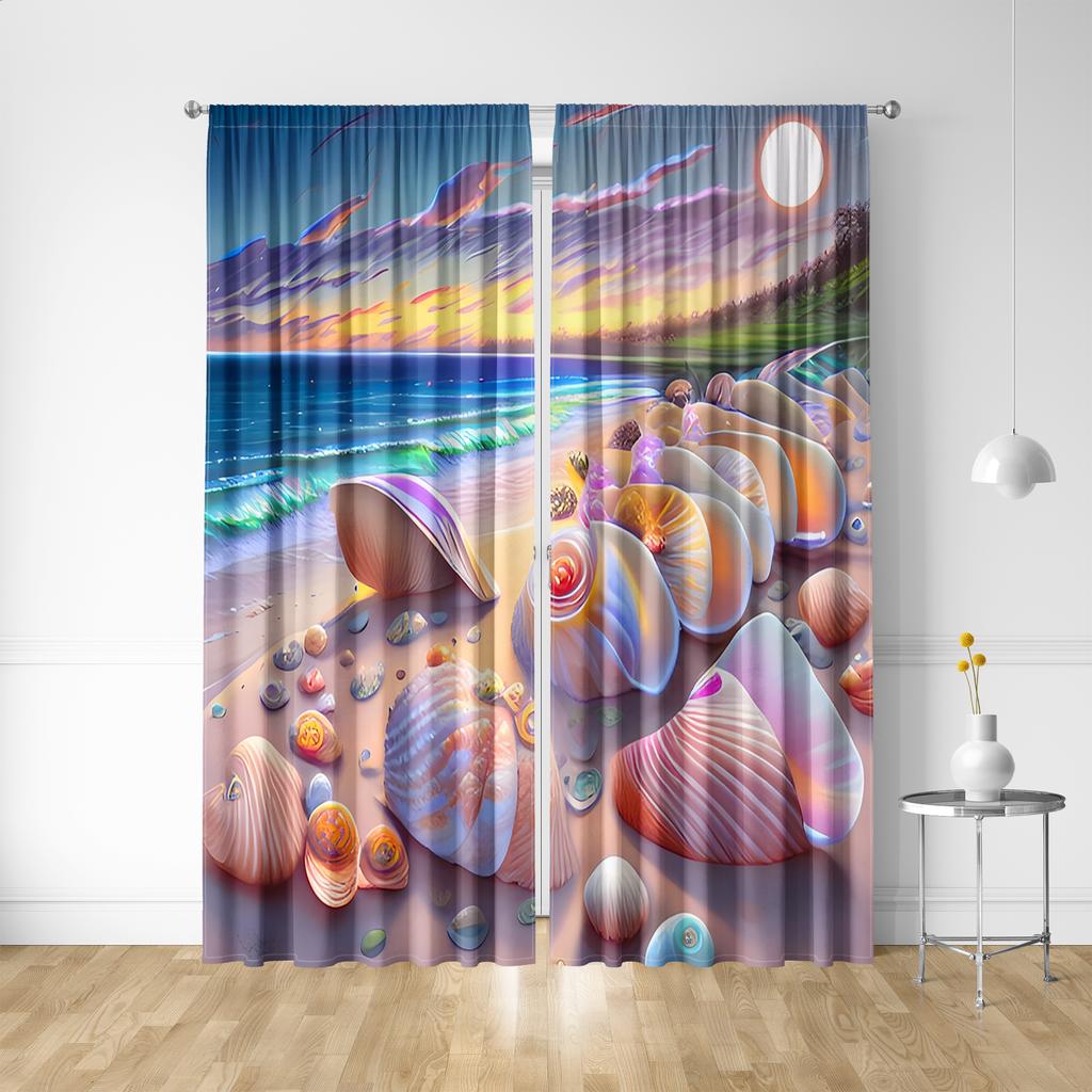2PC Home Decoration Curtains With Colorful Seashells And Rod Pockets, Kitchen, Coffee Shop,Living Room, Balcony, Garden