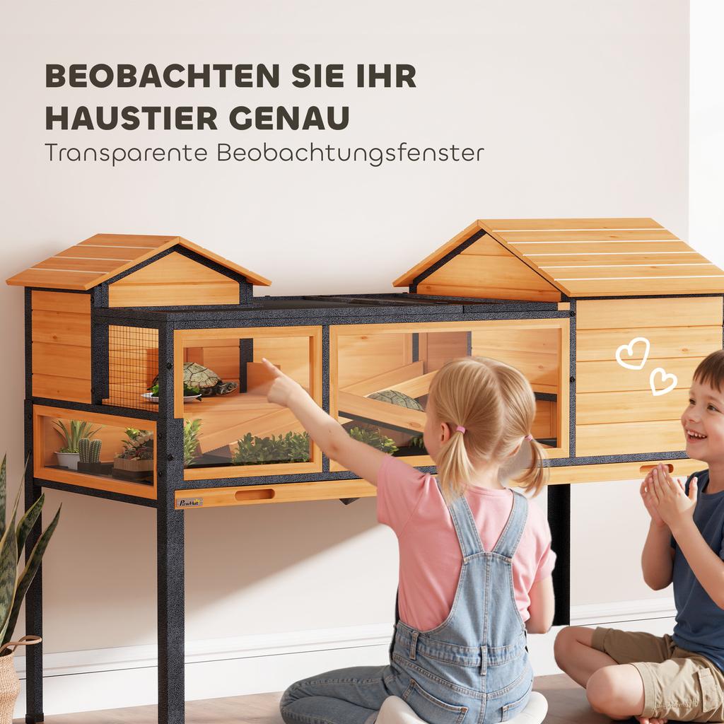 Wooden Tortoise House with Stand Legs, Clear Observation Windows, Ramps, Openable Top, Built-in Tray, Yellow