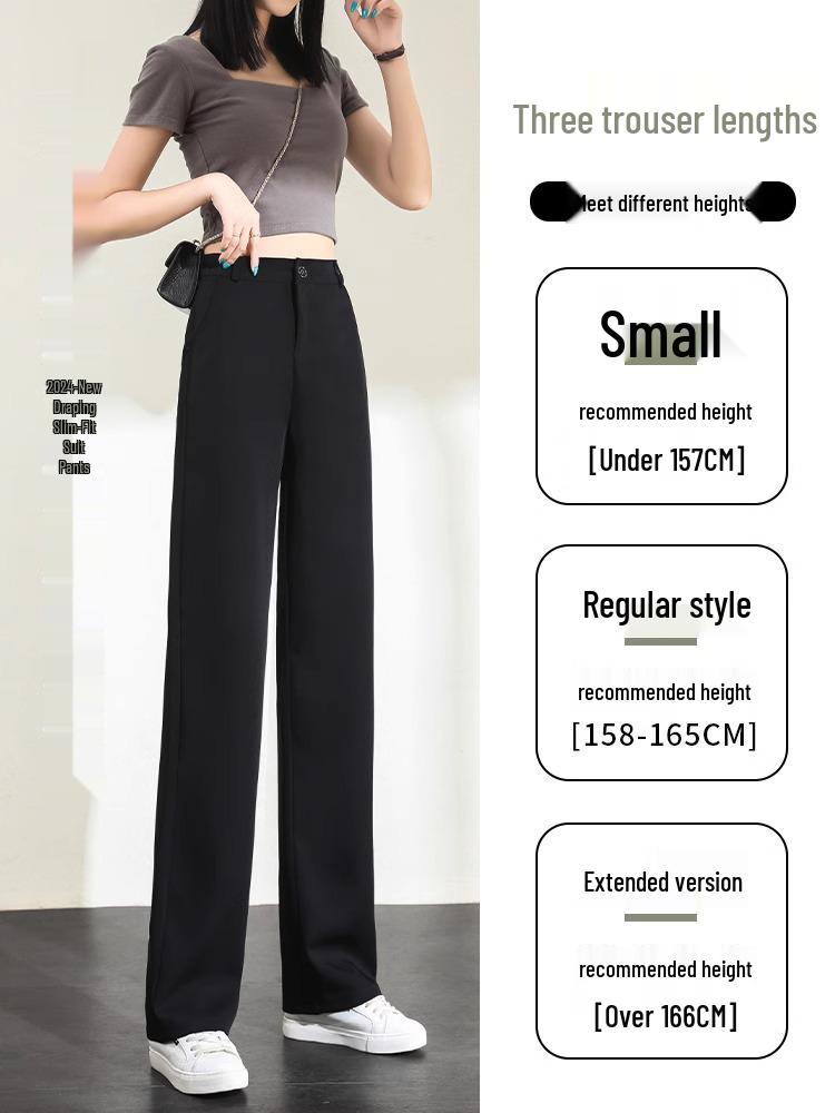 Ice Silk Black Wide-Leg High-Waist Women's Spring/Summer Pants - Slim, Loose, Casual Straight Trousers.