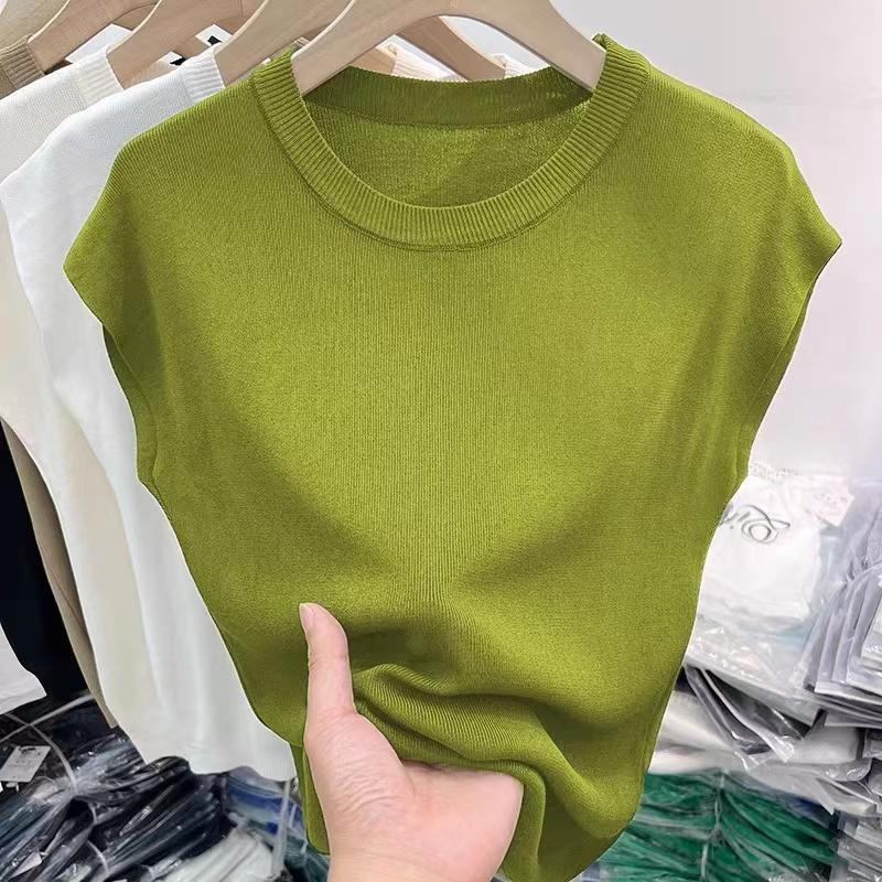 

Летняя вязаная женская футболка с круглым вырезом и коротким рукавом, повседневные футболки, модная элегантная женская однотонная простая вязаная футболка 433 One size белый