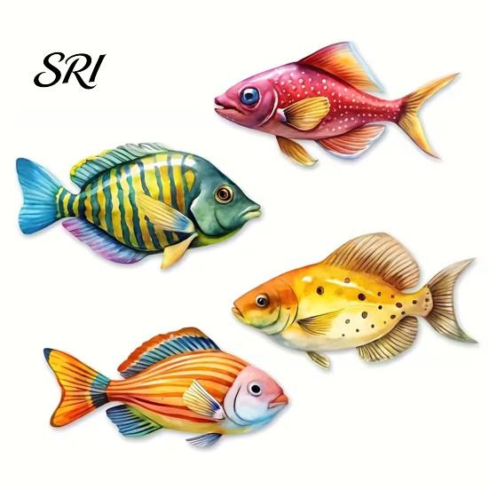 Healing Ocean Theme Art 4 Pcs Wooden Fish Beach Wall Decor Nautical Coastal Sculpture Tropical Hanging for Lake House Bathroom Patio Fence Pool