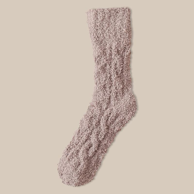 Couple's Coral Fleece Mid-Calf Terry Socks - Solid Color, Velvet Thickened for Winter Warmth & Cold Protection, Ideal for Home & Sleep.
