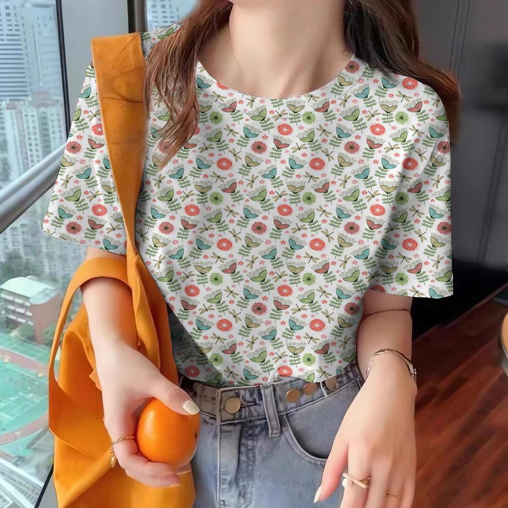 Women's Short Sleeved T-shirt, Round Neck Clothing, Casual Top, Printed Half Sleeved T-shirt, Women's Loose and Elegant T-shirt