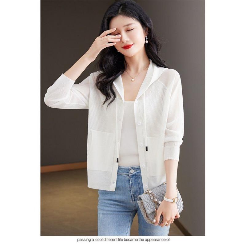 Ice Silk Knitwear Hooded Cardigan Jacket Short Loose Bottoming Shirt Thin Women's Autumn Sweatshirt