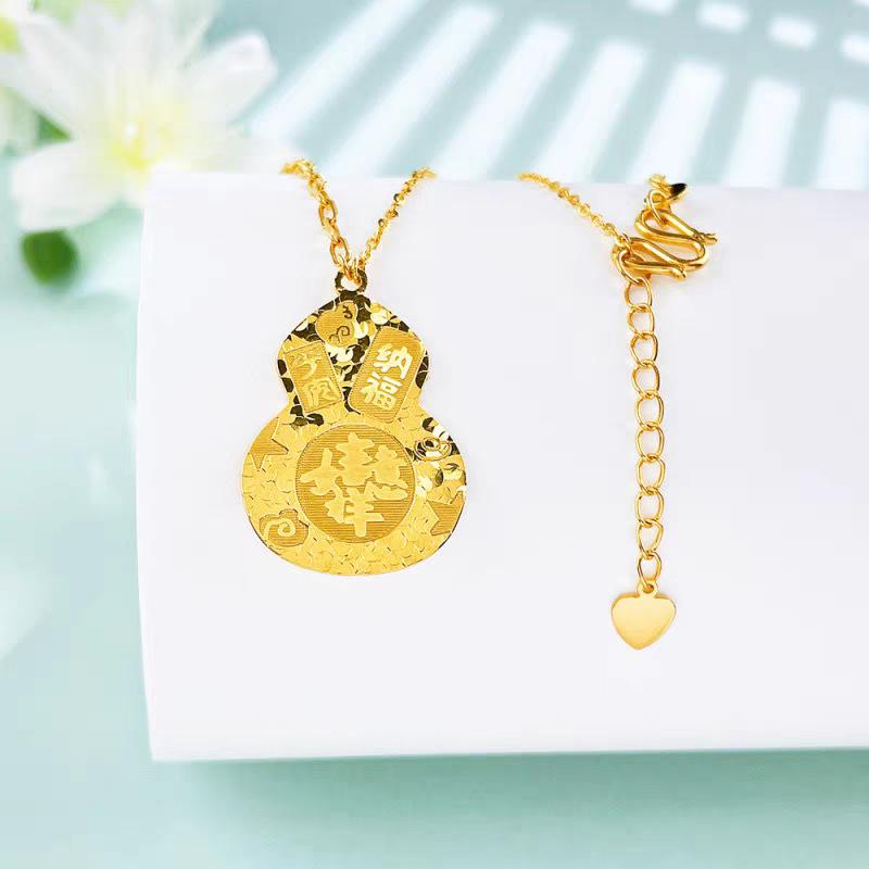 Gold Crushed Ice Gourd Necklace - Chinese Style Fu Lu Good Luck Pendant Gift for Girlfriend