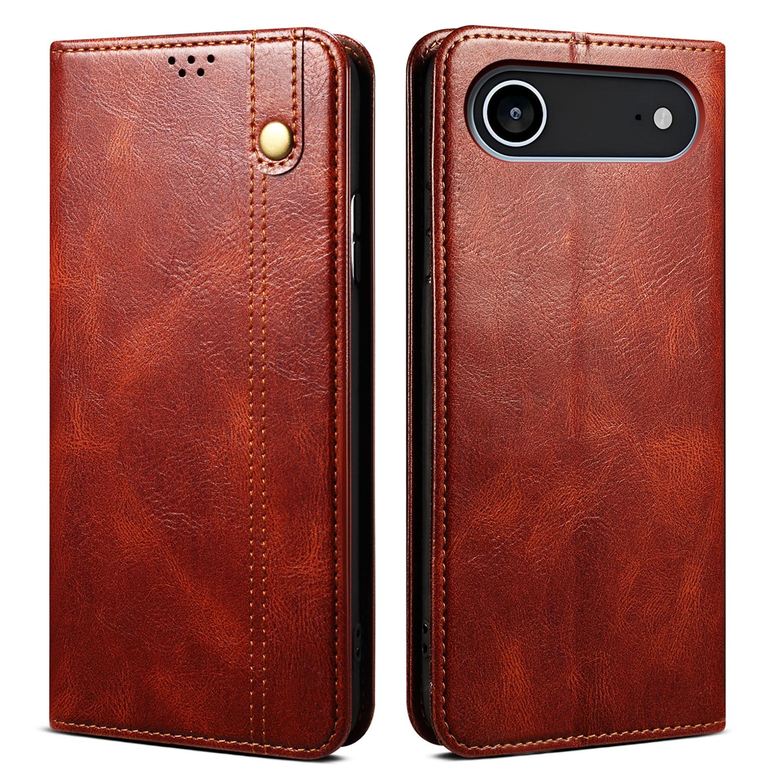 

For iPhone 17 Air Case Crazy Horse Texture Waxy Leather Wallet Stand Phone Cover Brown
