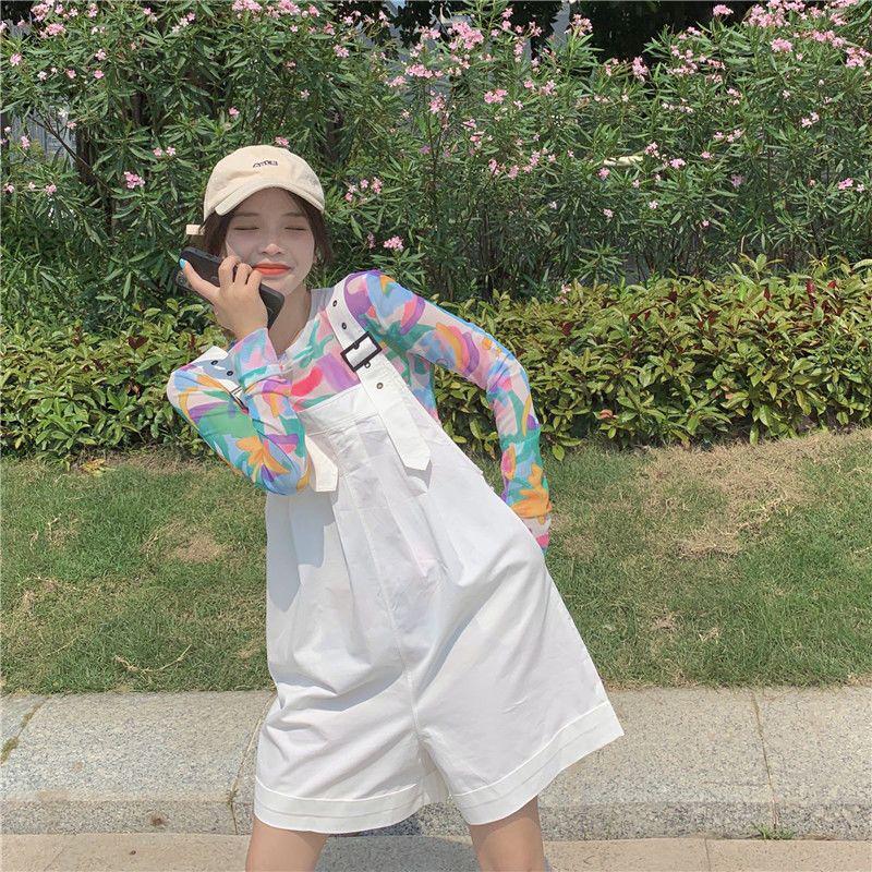 Korean Style Two-Piece Set: Loose Mesh Sun Protection Top + Fashionable Slimming Bib Shorts for Female Students.