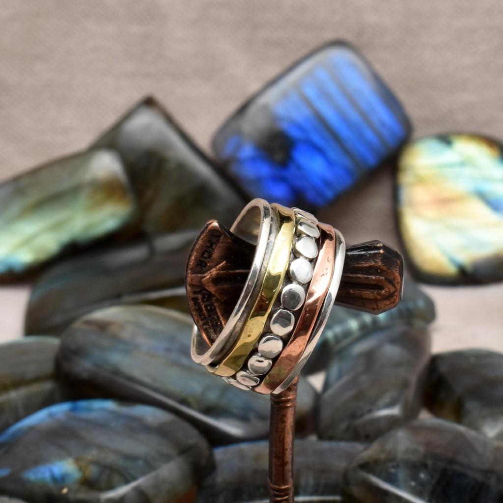Clarity Meditation Spinning Ring With 2 Brass And 1 Solid 925 Sterling Silver Hammered Pattern Spinners Designed Energy Band Ring For Unisex