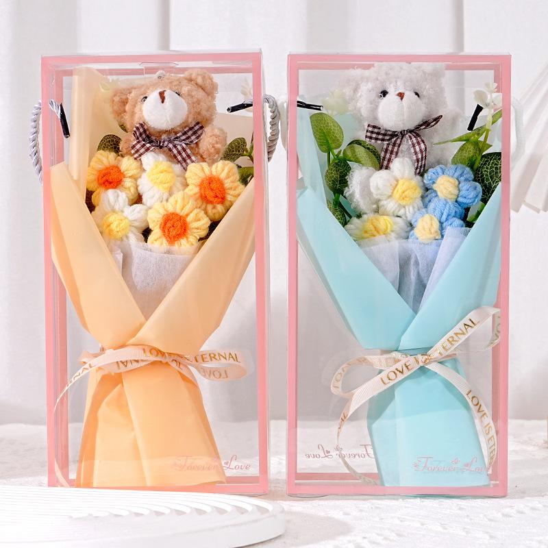 Handmade Crocheted Bear Flower Bouquets Hand-Woven Rose Flower Bouquets Finished Producted Valentine Day Girlfriend Lovers Gift