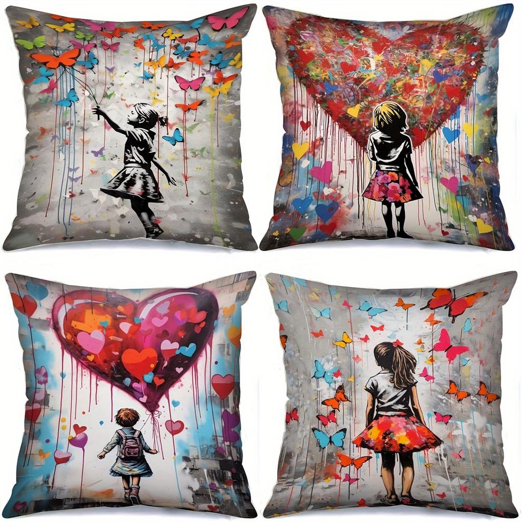 Heart & Colorful Butterflies Throw Pillow Cover With Short Plush Print For Living Room Decoration Cushion Cover Pillow Covers