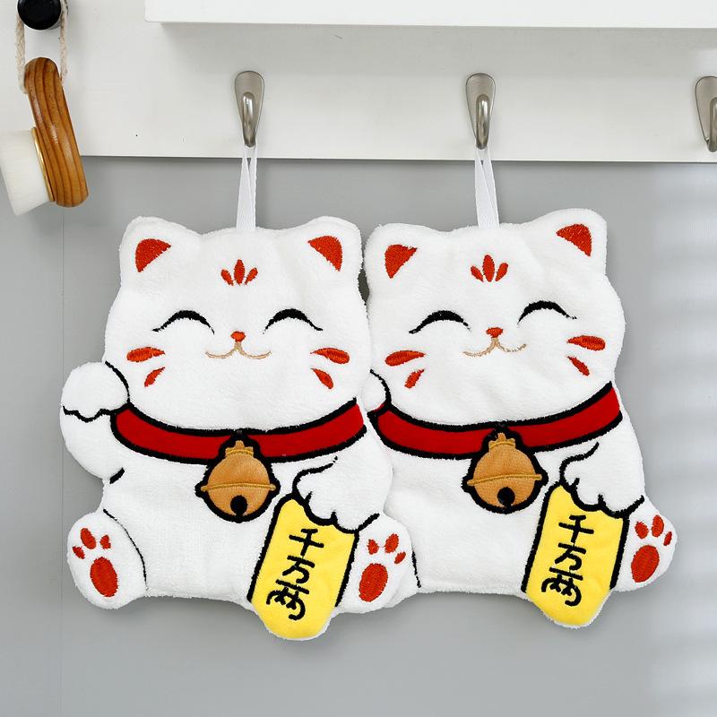 

Coral fleece new lucky cat hand towel soft and absorbent cute embroidery can hang rag quick dry hand towel 20*28cm