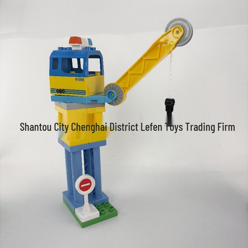 Large Particle Construction Set: Tower Crane, Bulldozer, Dumper, and Transport Vehicle Toys.