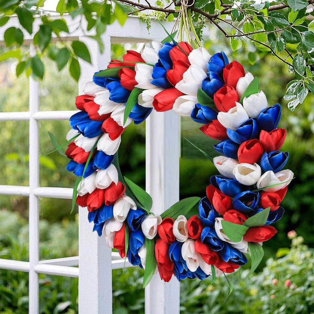 Independence Day Wreath Simulation Tulip Wreath Door Hanging Outdoor Yard Party Decoration Pendant