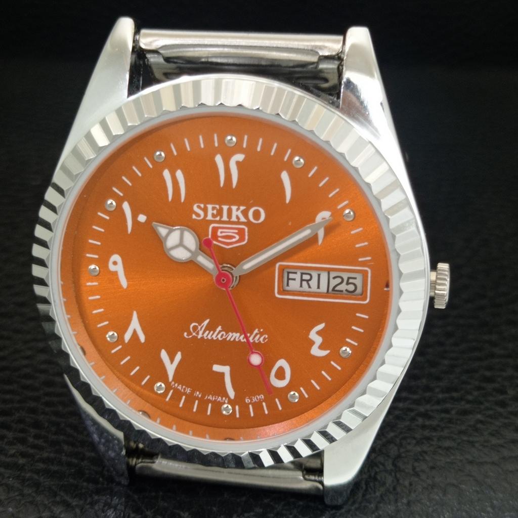 VINTAGE SEIKO 5 AUTOMATIC 6309A REFURBISHED JAPAN MENS ORANGE WATCH a442515-1