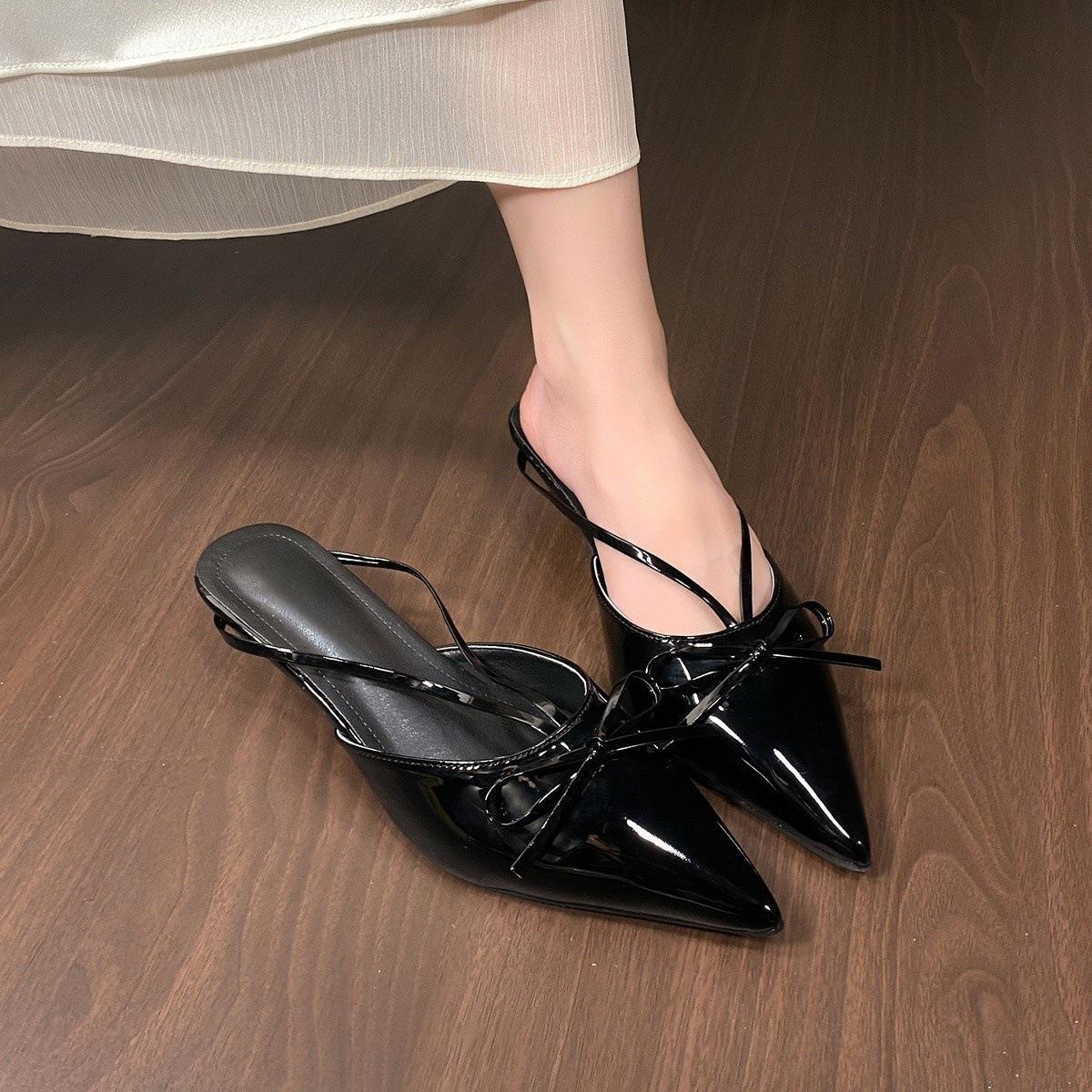 

Pointed bow bag head half slippers women s summer wear 2025 new French temperament half tray single shoes high heels sandals 42
