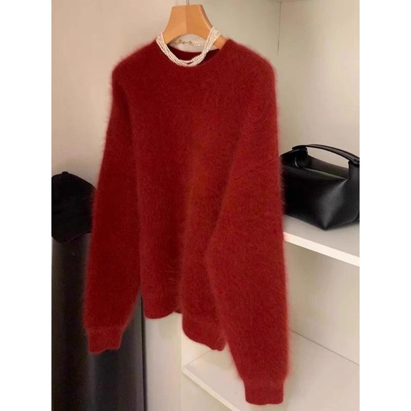 

White Christmas red mink fleece sweater women s autumn and winter senior sense super good-looking knitted sweater beautiful top thick one size fits all красный