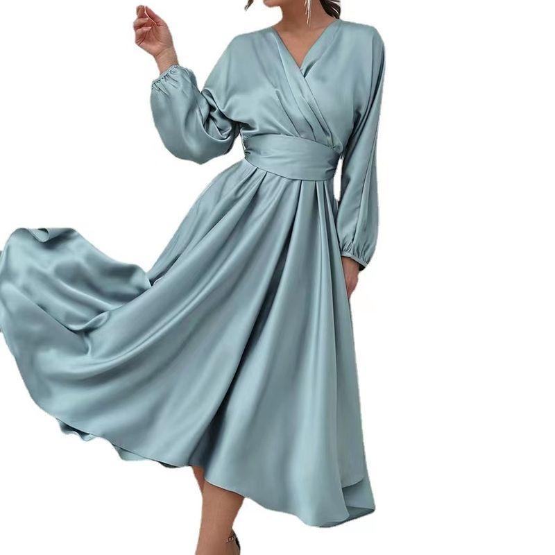 Fashion Wind New Arrival Dress Puff Sleeves Waist-Tight Temperament Long Dress V-Neck Bubble Sleeve Dress