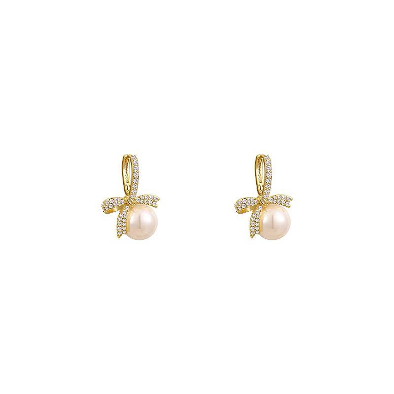 Bow slightly inlaid zircon ear buckle exquisite small pearl earrings light luxury high sense sweet temperament versatile earrings
