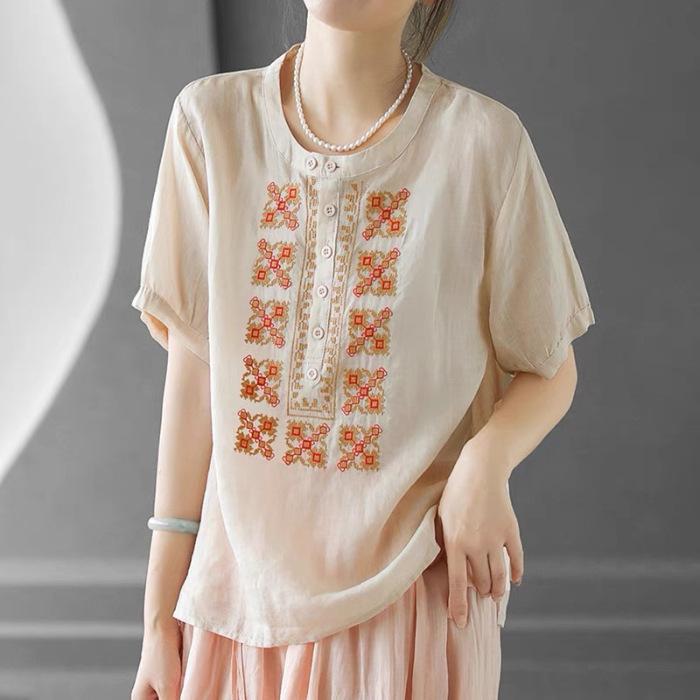 Summer New Chinese Cotton and Linen Embroidered Short-sleeved Shirt Women's Half-open Round Neck Solid Color Pullover