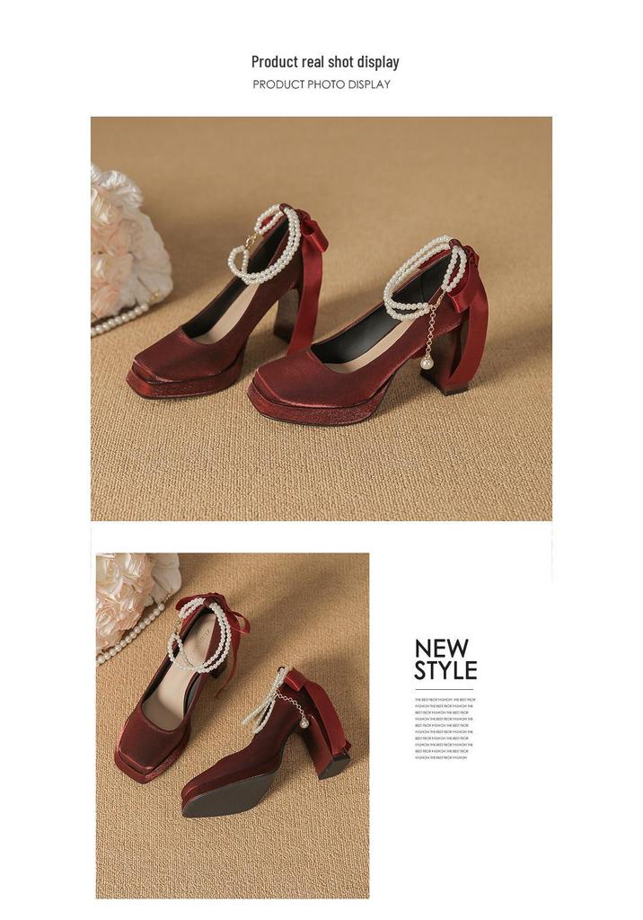 Women's Pearl Suede Mary Janes - Square Toe Chunky High Heels with Bow and Waterproof Platform
