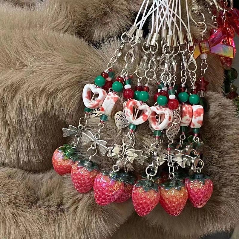 Sweet Cute Strawberry Phone Lanyard Girly Bow Heart Beaded Phone Chain Keychain Mobile Phone Strap Earphone Camera Charm