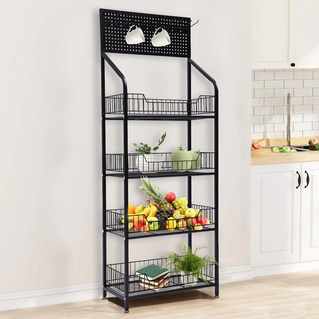 Four-tier Rolling Retail Display Rack, Metal Wire Storage Basket Stand with Pegboard and Hooks, Suitable for Bedroom and Kitchen