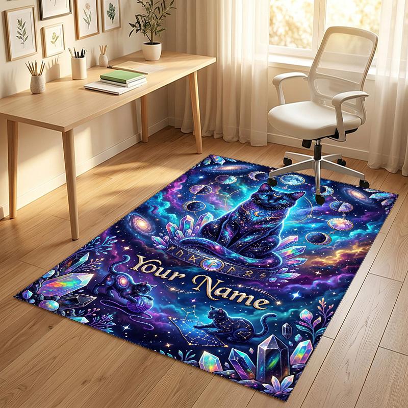 Cosmic Cat Theme Soft Crystal Velvet Rug Custom Name & Text Print Non Slip Floor Rug for Bedroom Living Room