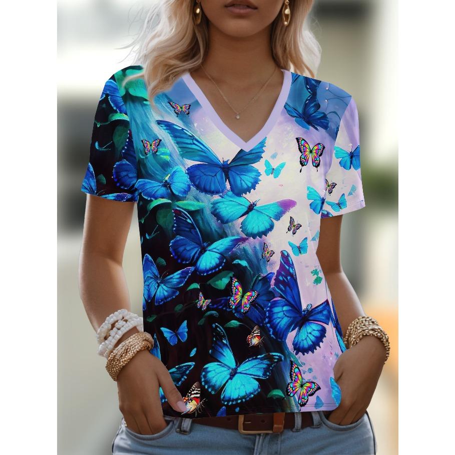 Plus Size Tees Women's Short Sleeved 3D Printed Top Holiday Flower Pattern Weekend Basic V Neck T Shirt Summer