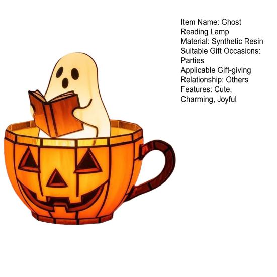 Ghost Reading Book Lamp Cute LED Ghost Reading in Pumpkin Cup Halloween Night Light for Bedroom Tabletop Decor