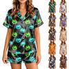 Damen Halloween Print Kurzarm Top mit Brusttasche und passendem Short Pyjama-Set Leichte Bequeme Nachtwäsche Set