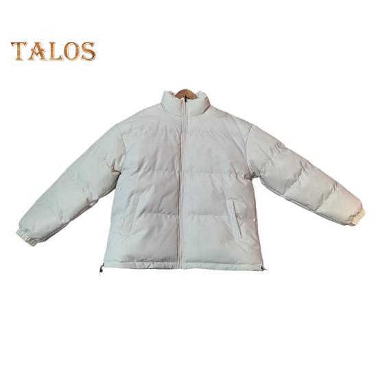 Women Men Cotton Coat Stand Collar Long Sleeve Drawstring Hem Puffer Jacket with Pockets Loose Fit Warm Winter Outerwear