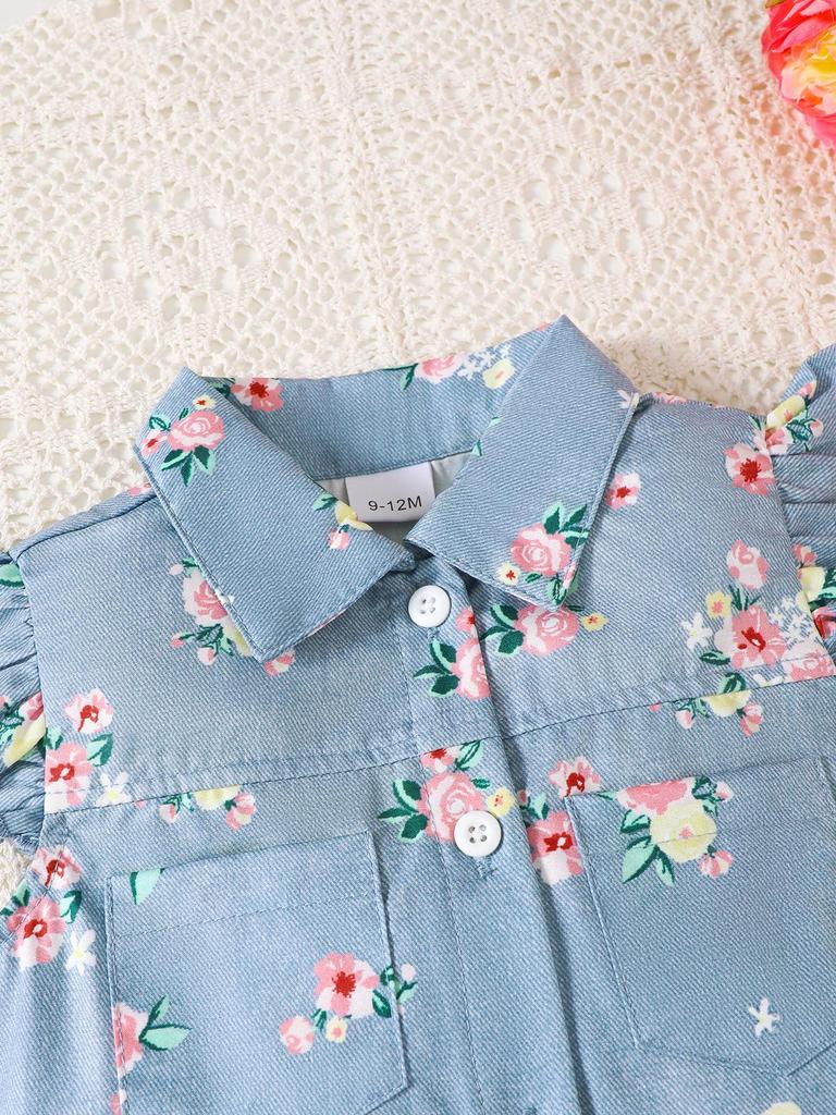 Fashion Baby Girl 2PCS Floral Print Outfit Set Ruffle Sleeve Button Down Shirt + Shorts for 0-3Y Newborn Casual Summer Clothes