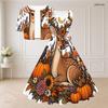 Women Plus Size Halloween Printed Two Piece Set Short Sleeve Cropped Shrug Sleeveless Square Neck Tie Waist Flared Dress