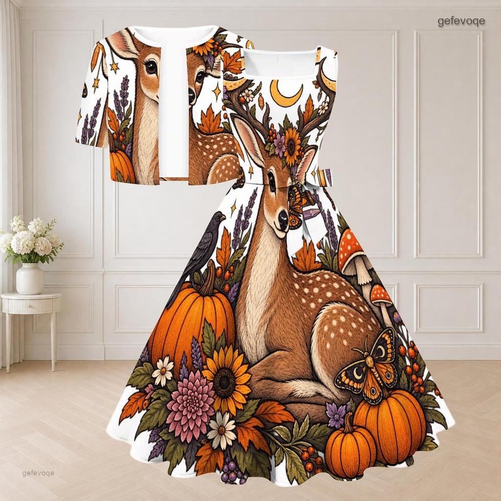Women Plus Size Halloween Printed Two Piece Set Short Sleeve Cropped Shrug Sleeveless Square Neck Tie Waist Flared Dress