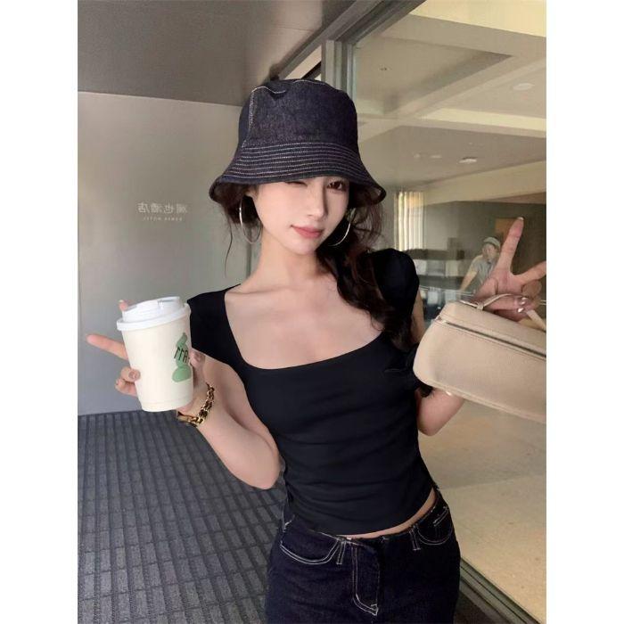 Pure Back Lace Square Neck Short Sleeve T-Shirt Women's Spring Front Shoulder T-Shirt Slim Skinny Big Neckline Spice Girl Top