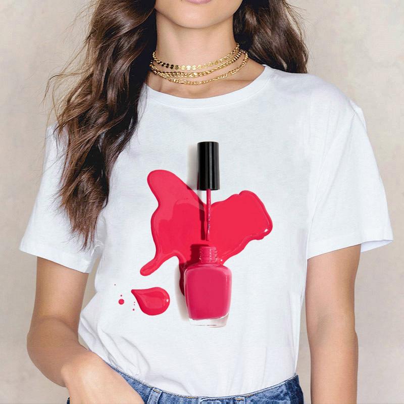 Kpop Fashion Cosmetics 3D Nail Polish Print Tees Women Y2K Tops Summer White Loose Short Sleeve O-Neck Female T-Shirts Blouses