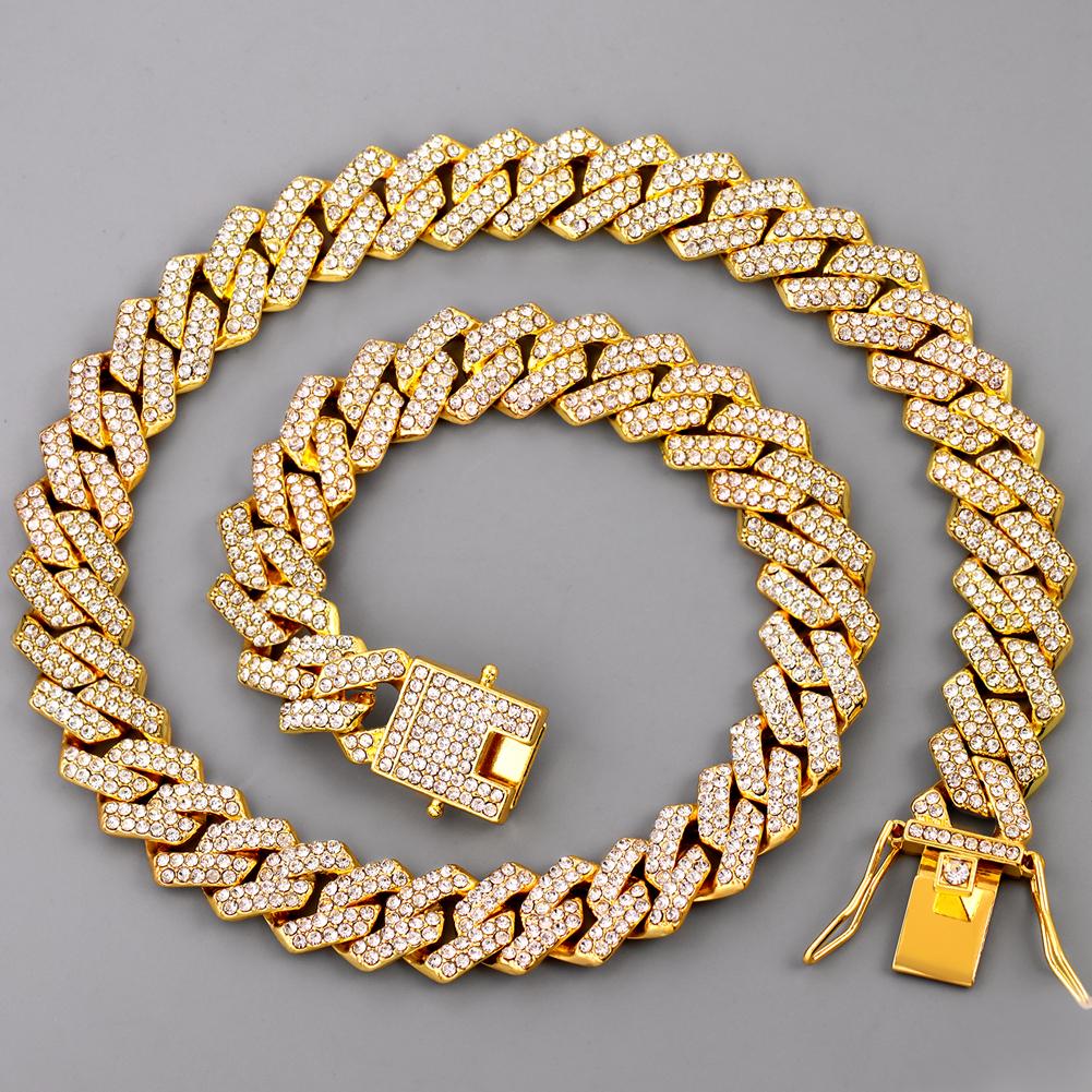 14mm Iced Out Chaîne Cubaine à Griffes Collier Pour Hommes Femmes 2 Rangées Pavée de Strass Miami Losange Hip Hop Bijoux 16 inch Necklace beige